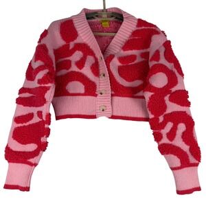 Daisy Cardigan Sweater Womens S Pink Red Abstract Textured Popcorn Knit Cropped